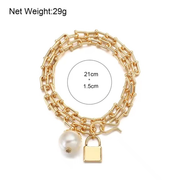 Graduated Link Elegant Gold Chain Lock Pearl Charm - Picture 6 of 11